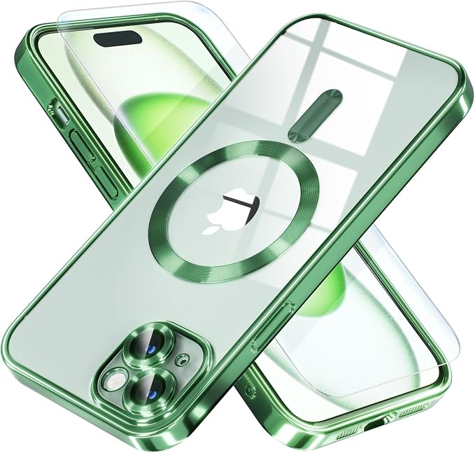 Misea Magnetic for iPhone 15 Plus Case Compatible with MagSafe [Never Yellowing] [Military Grade Drop Protection] Full Camera Lens Protector Plating Soft Clear Phone Case for Women, Green
