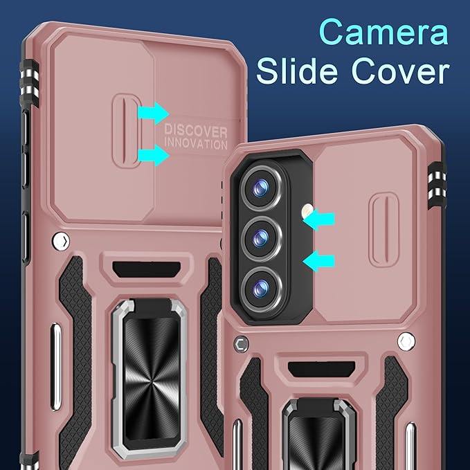 DEERLAMN Case for Samsung Galaxy S26 6.3-Inch with Slide Camera Cover+Screen Protector(1 Pack), Rotated Ring Kickstand Military Grade Shockproof Protective Cover-Rose Gold