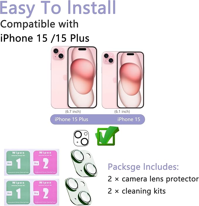 2 Pack Camera Lens Protector for iPhone 15/15 Plus,Metal AR Tempered Glass Rear Camera Screen Cover,Anti-Scratch,Strong Adsorption,Case Friendly, Easy to Install-Light Green