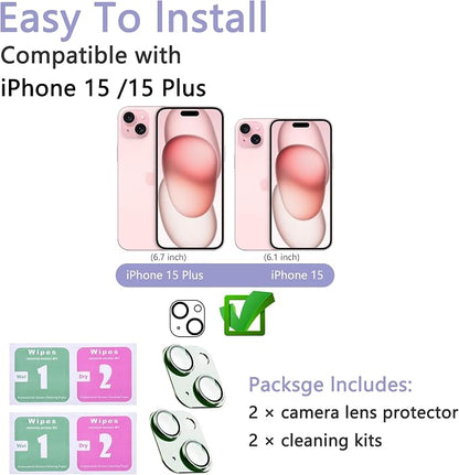 2 Pack Camera Lens Protector for iPhone 15/15 Plus,Metal AR Tempered Glass Rear Camera Screen Cover,Anti-Scratch,Strong Adsorption,Case Friendly, Easy to Install-Light Green