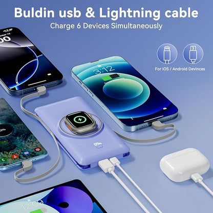 Magnetic 10000mAh Portable Charger for iWatch & iPhone, PD Fast Charging Wireless Power Bank Built-in Cables and Wall Plug, External Travel Battery Pack Compatible with iOS Android Phones