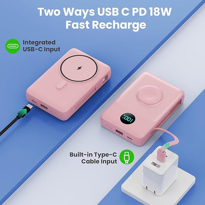 6 in 1 Magnetic Portable Charger for iPhone with Built-in Cables, 10800mAh 25W PD Fast Charging Power Bank, 6 Outputs Travel Essential Battery Pack for iPhone 17/16/15/14/13/12,Apple Watch (Peach)
