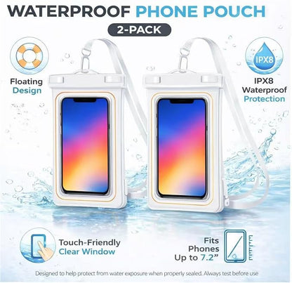 2-Pack IPX8 Floating Waterproof Phone Pouch, Dry Bag with Lanyard, Fits up to 7.2”, Compatible with iPhone 16/15/14/13 Pro Max, Galaxy S25/S24 Ultra, Pixel for Snorkeling, Kayaking (White-White)