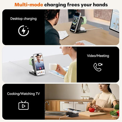 Wireless Charger 3 in 1, Foldable Charging Station for Apple Samsung Multi Devices Charging, Magnetic Charging Stand, Portable Travel Fast 15W Charger Station for iPhone, TWS, iWatch (Black)