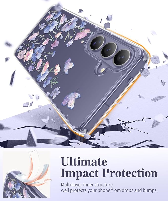 GVIEWIN for Samsung Galaxy S26 Case, Clear Floral Slim Shockproof Protective Women Phone Case, Non-Yellowing, with Screen Protector & Camera Lens Protector for Galaxy S26 6.3", Bloomwing/Blue