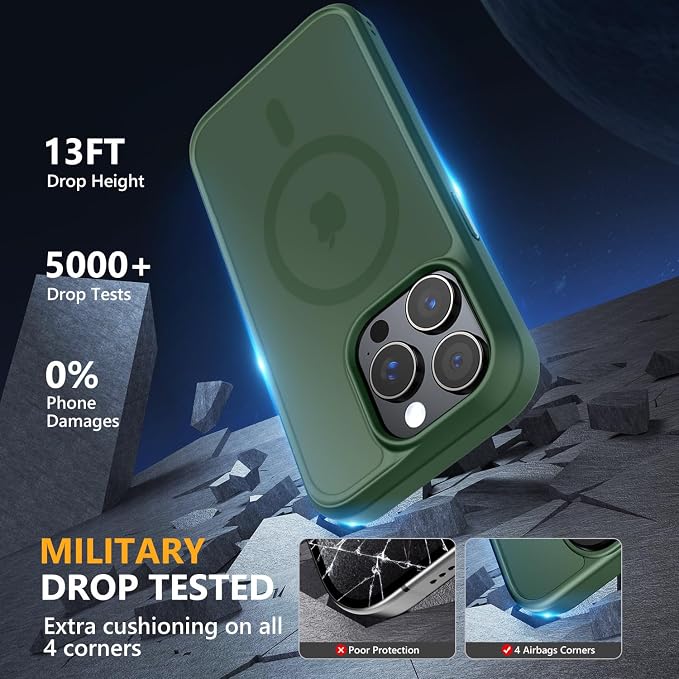 MOCCA Strong Magnetic for iPhone 15 Pro Case, [Compatible with Magsafe][13FT Military Drop Protection] Slim Translucent Matte Shockproof Case for iPhone 15 Pro Phone Case 6.1'', Midnight Green