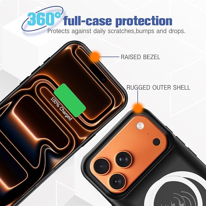 Battery Case for iPhone 17 Pro, Full Encircle 10000mAh High Capacity Rechargeable Portable Charger Case Extended Battery Pack for iPhone 17 Pro(6.3 inch) Wireless Charging Cover with Carplay-Black
