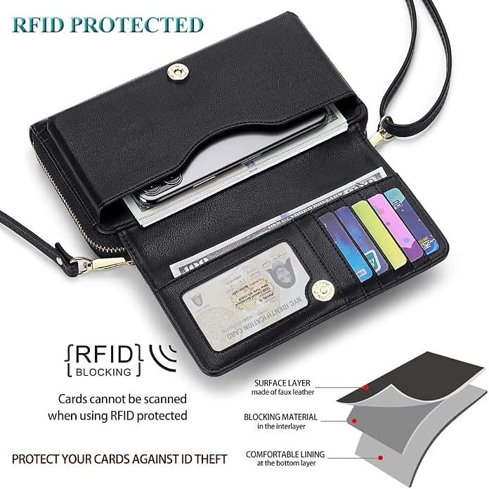 Peacocktion Crossbody Bags for Women RFID Wristlet Wallets Travel Vegan Leather Small Clutch Purses with Phone Pocket Zipper