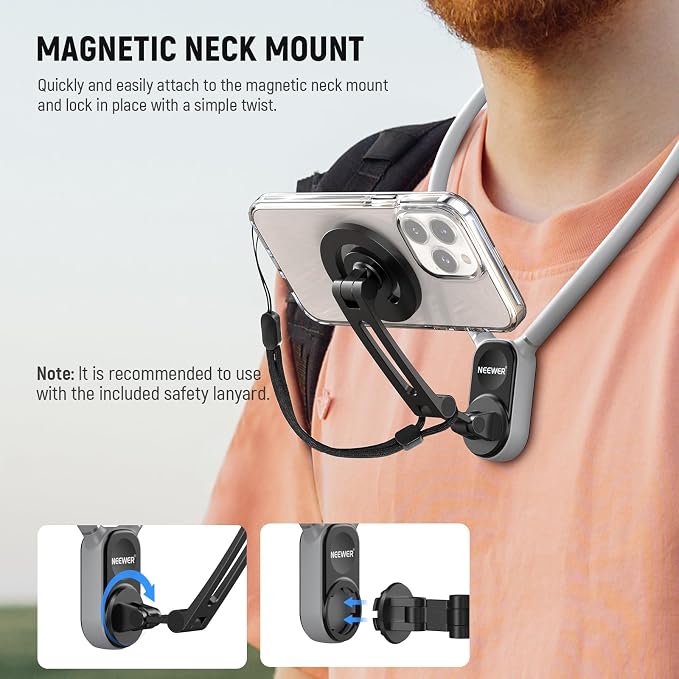 Neewer Magnetic Neck Holder for Action Camera Phone Hands Free Neck Tripod Chest Mount Compatible with GoPro DJI Insta360 iPhone15 Android Neck Phone Holder for POV Vlog, Gray, GP16