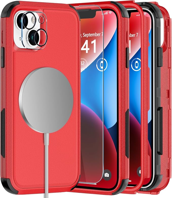Diverbox Compatible iPhone 14 Phone Case,for iPhone 14 Magnetic Case [with Screen Protector & Camera Lens Protector ] Heavy Duty Phone Case for iPhone 14 (Red)