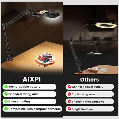 Overhead Phone Mount with LED Selfie Light and Bluetooth Remote, Rechargeable Camera Light Tripod Stand with Flexible Boom Arm, Desk Phone Holder for Video Recording, Live Streaming, TikTok, Vlogging