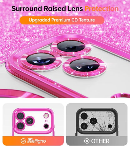 Meifigno Designed for iPhone 17 Pro Magnetic Case with Removable Phone Ring Stand, [Glitter Card & Wrist Strap] [MagSafe Compatible] [Built-in Mirror] Phone Ring Stand + Phone Case Kit, Hot Pink