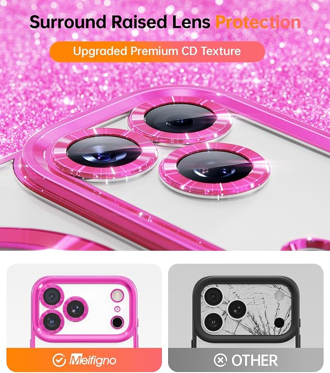Meifigno Magnetic Case Designed for iPhone 17 Pro Max with Removable Phone Ring Stand, Glitter Card & Wrist Strap, Compatible with MagSafe, Built in Mirror, Phone Ring Holder + Case Kit, Hot Pink