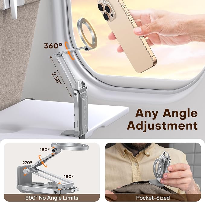 OMOTON TP02 360°Rotating for MagSafe Tripod Mount, Adjustable Aluminum Magnetic Phone Tripod for iPhone 17/16/15/14 Pro Max Air, Foldable Cell Phone Stand Fits Vlog, Gym, Travel Essentials, Silver