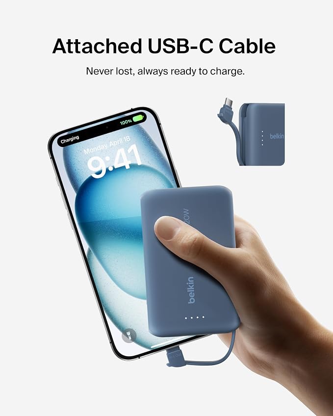 Belkin Portable Charger Power Bank USB C, 10000 mAh w/Integrated Cable, 20W Fast Charge USB-C Power Delivery, iPhone Charger, Apple iPhone 17, Air, Pro, Pro Max, iPad, Samsung Galaxy S25 - Blue