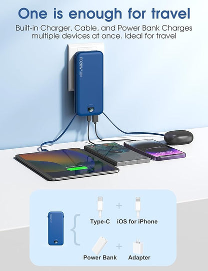 Portable Charger Power Bank, 10000mAh PD20W USB C Fast Charging with Built-in Cables & Wall Plug, 5-in-1 External Battery Pack with LED Display, Perfect Backup for iPhone, iPad, Samsung Navy
