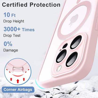 ROYBENS for iPhone 13 Pro Matte Clear Case Compatible with Magsafe, Full Camera Lens Protection, Screen Protector, Wrist Strap, Translucent Magnetic Slim Hard Protective Phone Cover, Pink