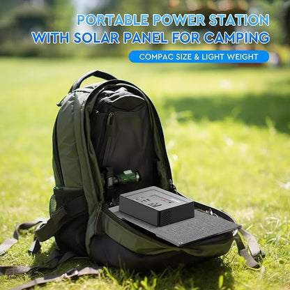 powkey Solar Powered Generator 100W Rated, 97Wh Portable Power Station with Solar Panels 30W Included, Fast Charging Power Bank with AC Outlet 110V/PD65W USB C/QC 3.0 for Outdoor Camping Home Backup
