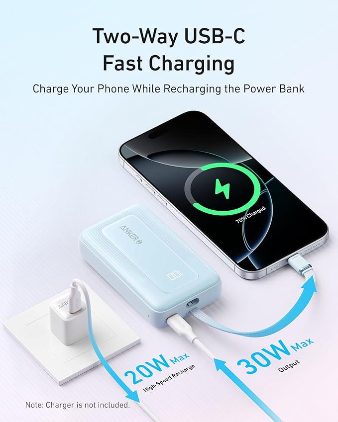Anker Portable Charger, 10,000mAh 30W Power Bank, USB-C in and Out Fast Charging Battery Pack, Travel Essential Phone Power Bank, for iPhone 17/16, Galaxy and More (Pink, 10000, Milliamp Hours)