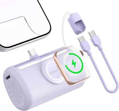 RORRY PalmGo Portable Charger Power Bank 10000mAh 3-in-1 Mini Battery Pack | Built-in USB-C Connector, 22.5W Fast Charging, for iPhone 17/16/15, Apple Watch, iPad, Travel Essential, Pocket Size