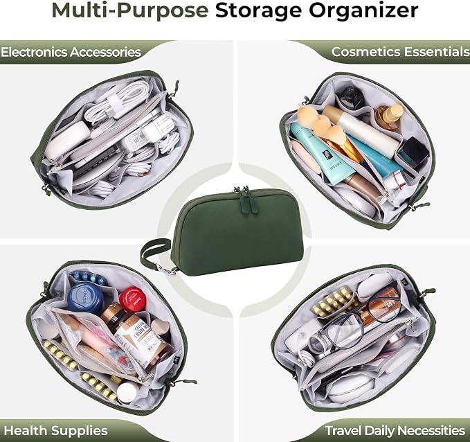 FYY Travel Cable Organizer - 8 Compartments, Lightweight, Water Repellent | With Wrist Strap, Portable Tech Pouch for Cord Charger, Travel and Business Trips Use, Soft Shell Nylon, Green (Large)