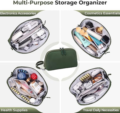 FYY Travel Cable Organizer - 8 Compartments, Lightweight, Water Repellent | With Wrist Strap, Portable Tech Pouch for Cord Charger, Travel and Business Trips Use, Soft Shell Nylon, Green (Large)