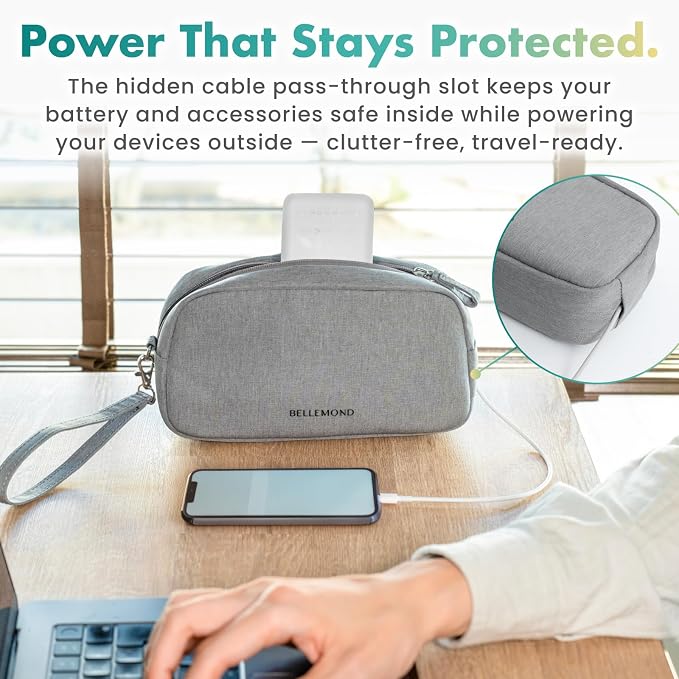 BELLEMOND Tech Organizer Pouch for Travel | Electronics Organizer Case for Cables, Chargers & Accessories | Hidden AirTag Pocket, Cable Pass-Through & Waterproof Base | Charcoal Gray