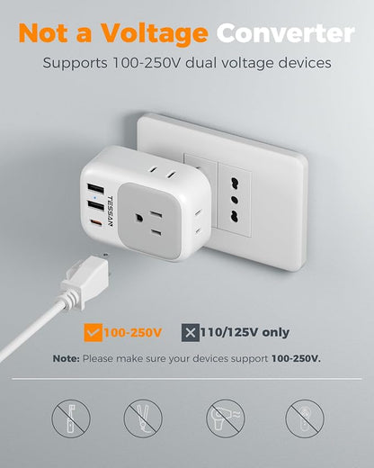 TESSAN Italy Travel Plug Adapter, Type L Plug 2 Pack | 4 Outlets, 3 USB Charger (1 USB C PD 20W), US to Chile Libya Syria Tunisia Uruguay
