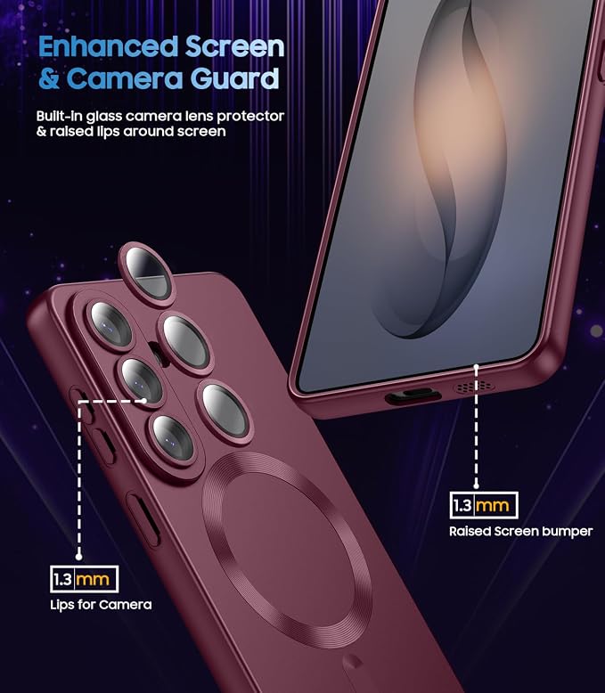 Magnetic for Samsung Galaxy S26 Plus Case [Compatible with MagSafe][Built-in Camera Lens Protector] Slim Soft Silicone Bumper Shockproof Metallic Luster Phone Case, Burgundy