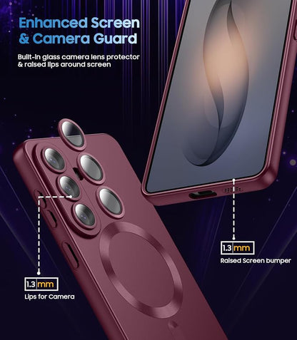 Magnetic for Samsung Galaxy S26 Plus Case [Compatible with MagSafe][Built-in Camera Lens Protector] Slim Soft Silicone Bumper Shockproof Metallic Luster Phone Case, Burgundy