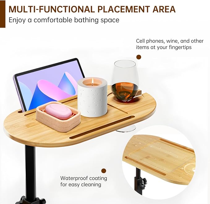 3 Layer Bamboo Bathtub Tray Table, Modern Design with 360 Swivel, Height Adjustable, Phone & Wine Glass Slots, Space-Saving for Bathroom, Bedroom, Kitchen