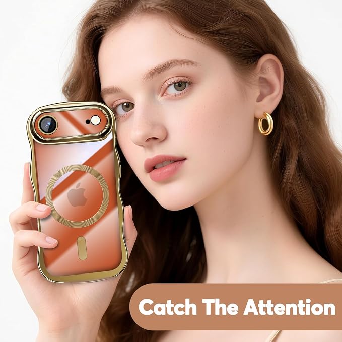 Misscase for iPhone Air Case with Privacy Screen Protector,Compatible with MagSafe,Cute Wave Frame Anti-Scratch Case with Camera Lens Protector Plating Bling Case for iPhone 17 Air Gold
