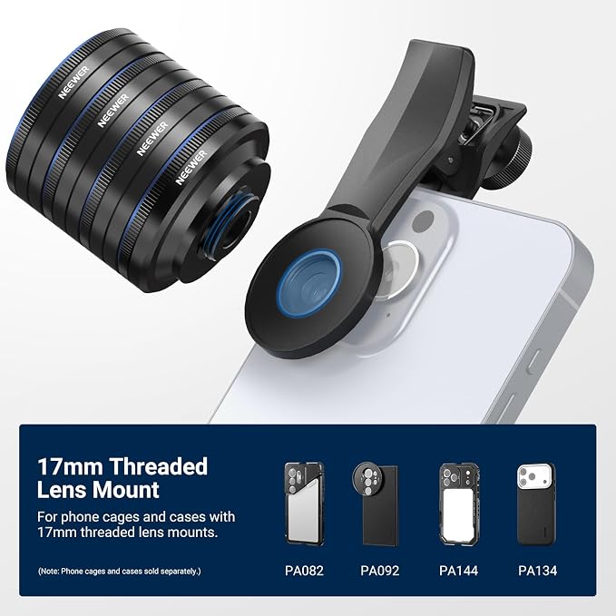 NEEWER Phone Macro Lens Kit, 4 Pcs Stackable Magnetic Closeup Lens Attachment Set with 17mm Threaded Clamp, Clip On Photography Accessories Compatible with iPhone Android Samsung, LS-87