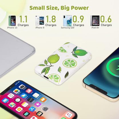 Sethruki Portable Charger 5000mAh Cute Ultra Slim USB C Power Bank for Girls Mini Fast Charging Small Battery Pack with Built in Cables for iPhone iPad Samsung Pixel Android Phones,Lemon