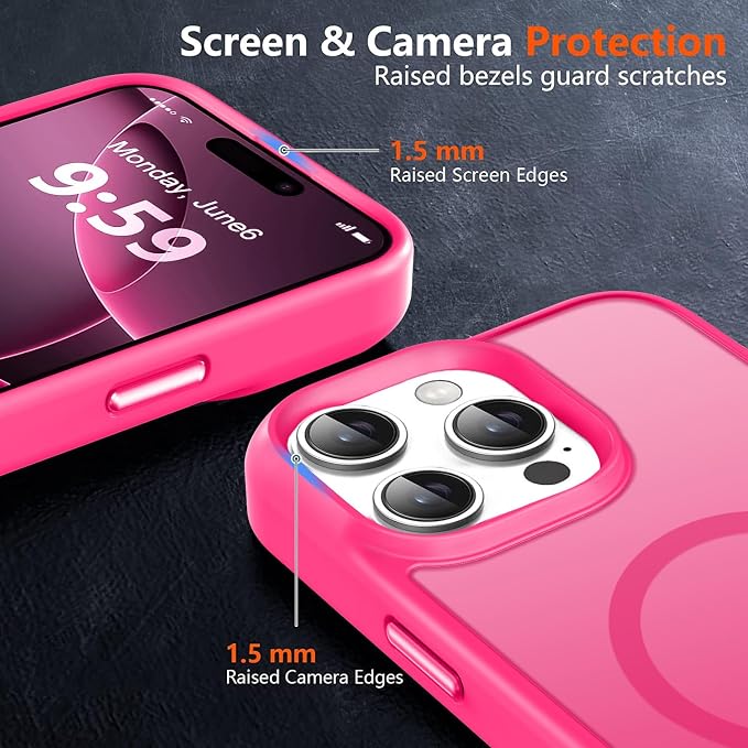 MOCCA Strong Magnetic for iPhone 16 Pro Phone Case, [Compatible with Magsafe][16FT Mil-Grade Drop Protection] Slim Thin Translucent Matte Protective Cover Case for iPhone 16 Pro Case, Hot Pink
