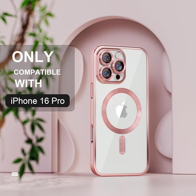 Misea Magnetic for iPhone 16 Pro Case Compatible with MagSafe [Never Yellowing] [Military Grade Drop Protection] Full Camera Lens Protector Plating Soft Clear Phone Case for Women 6.3", Pink
