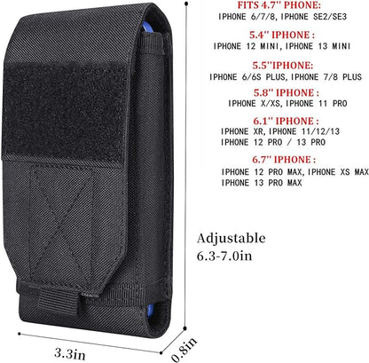 Black Tactical Molle Cellphone Pouch Case,Heavy Duty Waterproof Phone Holster Bag for iPhone 11 12 13 Pro Max for Samsung S22 S21 S20 FE Note 20 A02S Less 6.7" Phone with 2 Pack US Flag Patch