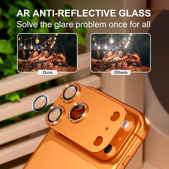 beuxece Compatible for iPhone 17 Pro Camera Lens Protector, Matte Metal Tempered Glass Rear Camera Screen Cover Accessories [Military Grade Shatterproof] [Strong Adsorption] - Glitter Orange