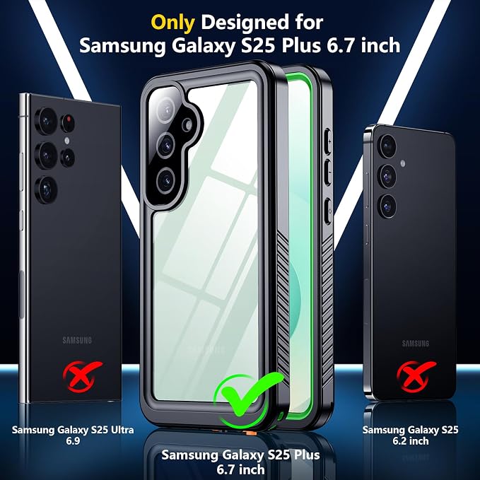SPIDERCASE Upgraded for Samsung Galaxy S25 Plus Case Waterproof,Built-in Screen & Camera Lens Protector[IP68 Underwater] [Military Grade Shockproof] Full Body Protection Phone Case,Green/Clear