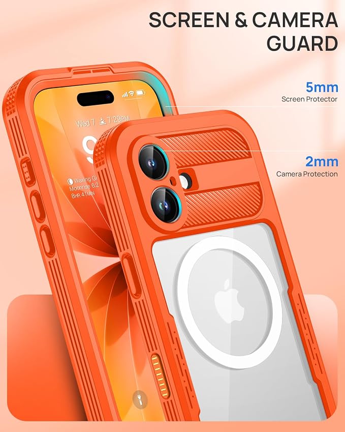 Lanhiem Magnetic for iPhone 17 Case, IP68 Waterproof, Dustproof, Compatible with Magsafe, Built-in Screen Protector, Full Body, Heavy Duty, Rugged Phone Cover, 6.3 inch, Cosmic Orange