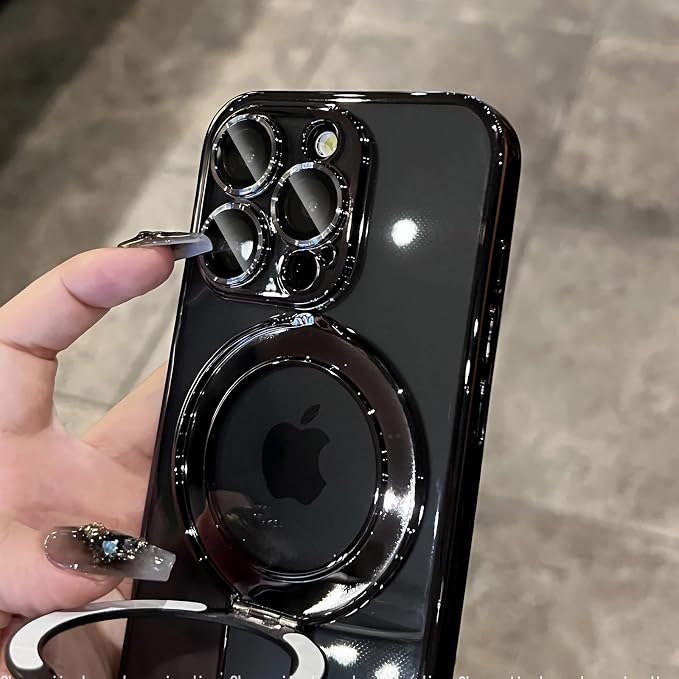 LXK Magnetic Invisible Stand for iPhone 16 Pro Case 6.3" Compatible with MagSafe, Military-Grade Protection, with Camera Protector, Clear Scratch-Resistant Back Cover for iPhone 16 Pro, Black Titanium