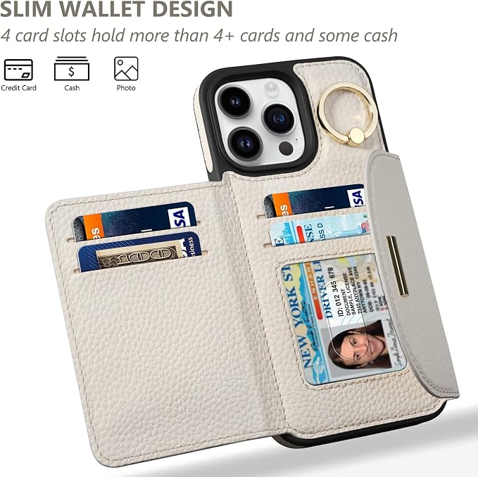 Keallce Wallet Case for iPhone 14 Pro 6.1'', Flip Case with Card Slots, Ring Holder Kickstand, PU Leather Protective Folio Cover for Women, Beige