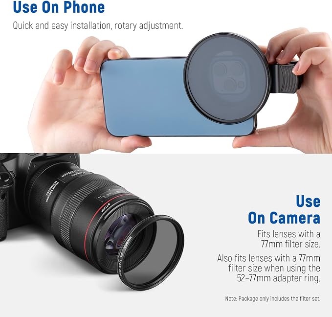 NEEWER 77mm Lens Filter Kit with Phone Lens Clip, CPL + ND32 + Star + 4 Graduated Color Filter Compatible with iPhone 17 16 16e 15 14 Pro Max Canon Nikon Sony Camera