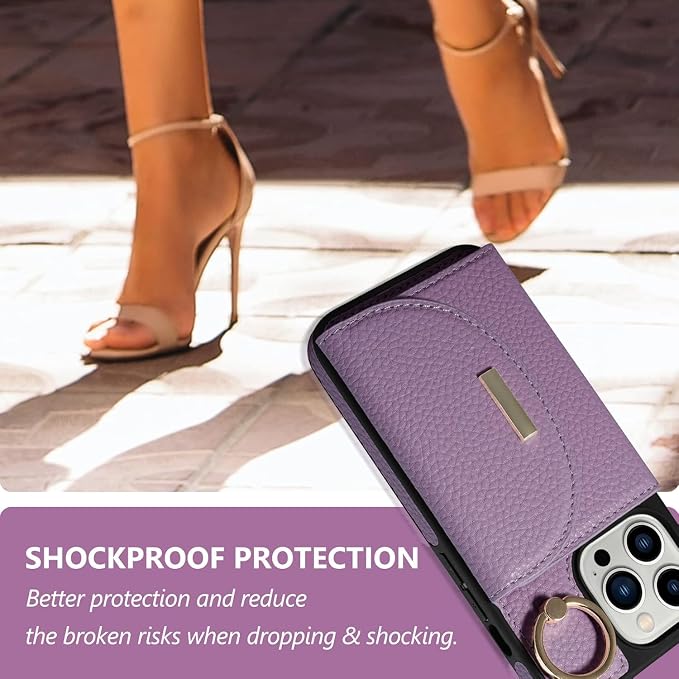 Keallce Wallet Case for iPhone 16 Pro 6.3'', Flip Case with Card Slots, Ring Holder Kickstand, PU Leather Protective Folio Cover for Women, Purple