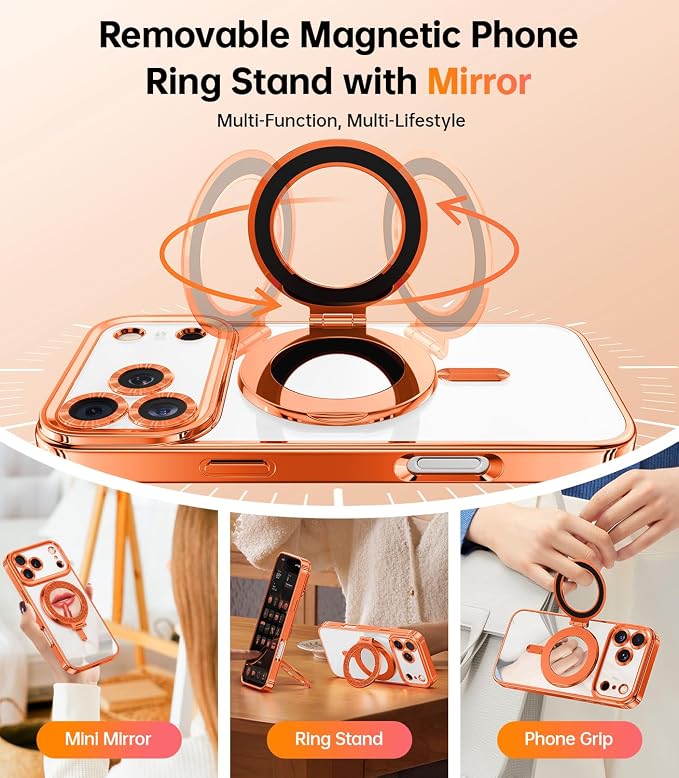 Meifigno Designed for iPhone 17 Pro Magnetic Case with Removable Phone Ring Stand, [Glitter Card & Wrist Strap] [MagSafe Compatible] [Built-in Mirror] Phone Ring Stand + Phone Case Kit, Orange