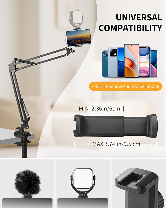 Phone Holder for Bed Desk, Flexible Camera Arm Desk Mount Clamp with Phone Holder and Ball Head, Overhead Tripod Mount for Camera Webcam Ring Light
