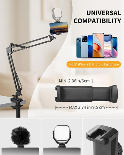 Phone Holder for Bed Desk, Flexible Camera Arm Desk Mount Clamp with Phone Holder and Ball Head, Overhead Tripod Mount for Camera Webcam Ring Light