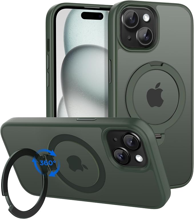 CACOE Magnetic Case for iPhone 15 6.1 inch with 360 Rotatable Ring Stand, Compatible with MagSafe Car Phone Mount, iPhone 15 Cases Cover Phone Holder for Desk Meeting/Videos Dark Green