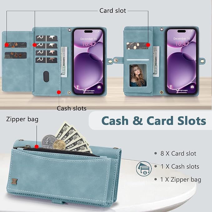 Wallet Case for iPhone 16 Plus with Card Holder/Crossbody Wallet/Strap| RFID Blocking | Magnetic | Kickstand | Detachable | PU Leather Phone Case for iPhone 16 Plus,6.7 in,Blue
