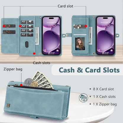 Wallet Case for iPhone 16 Plus with Card Holder/Crossbody Wallet/Strap| RFID Blocking | Magnetic | Kickstand | Detachable | PU Leather Phone Case for iPhone 16 Plus,6.7 in,Blue